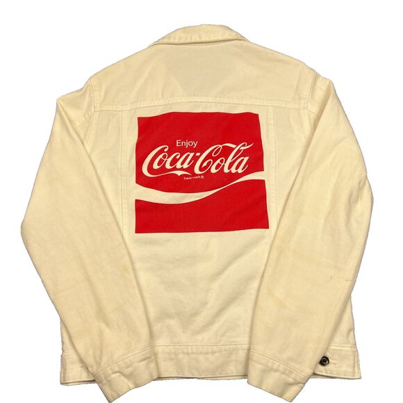 Coca-Cola Big Logo Jean Denim Jacket Adult Medium White Full Button Up - Picture 1 of 11